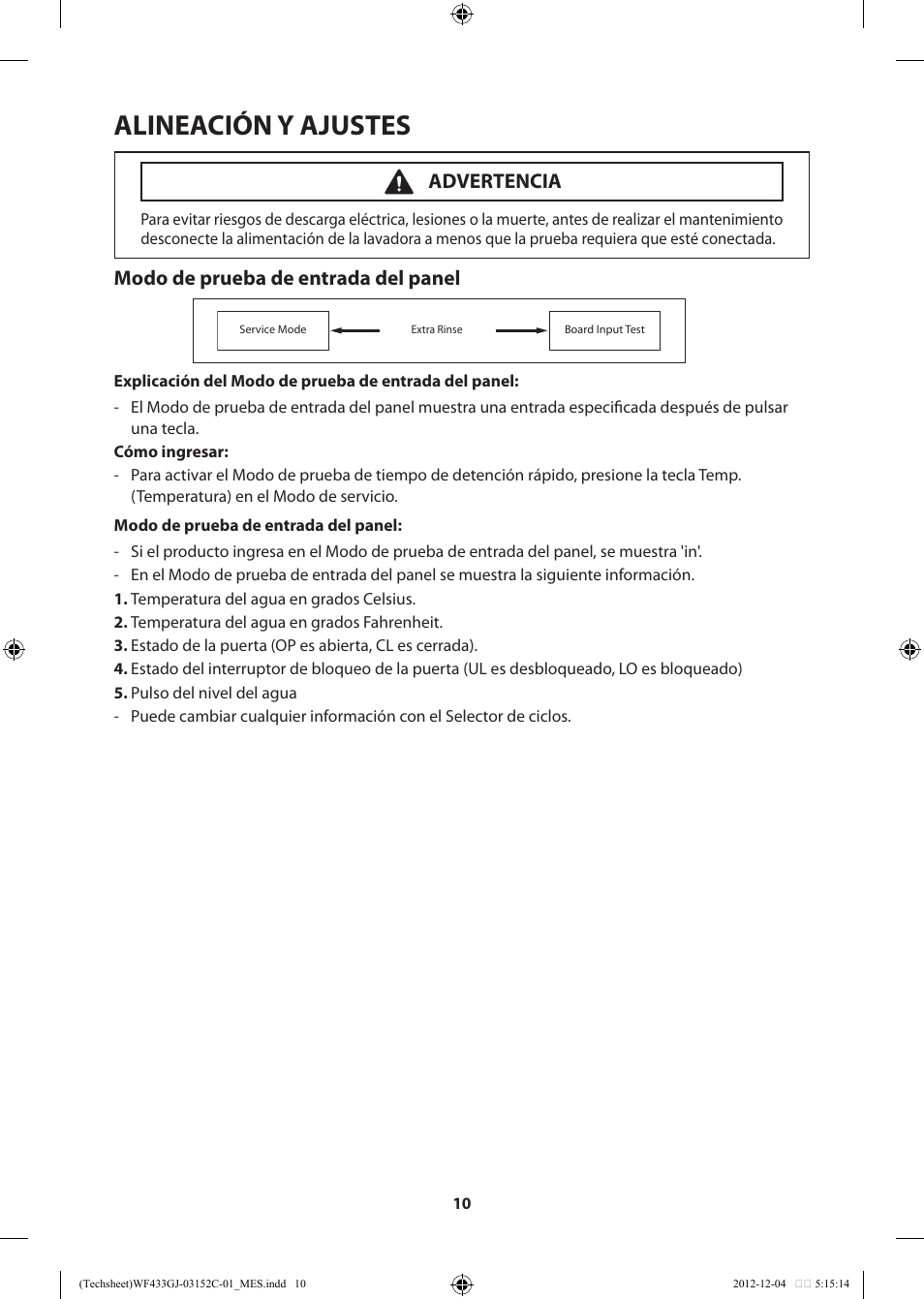 Alineación y ajustes, Modo de prueba de entrada del panel, Advertencia | Samsung WF433BTGJWR-A1 User Manual | Page 50 / 60