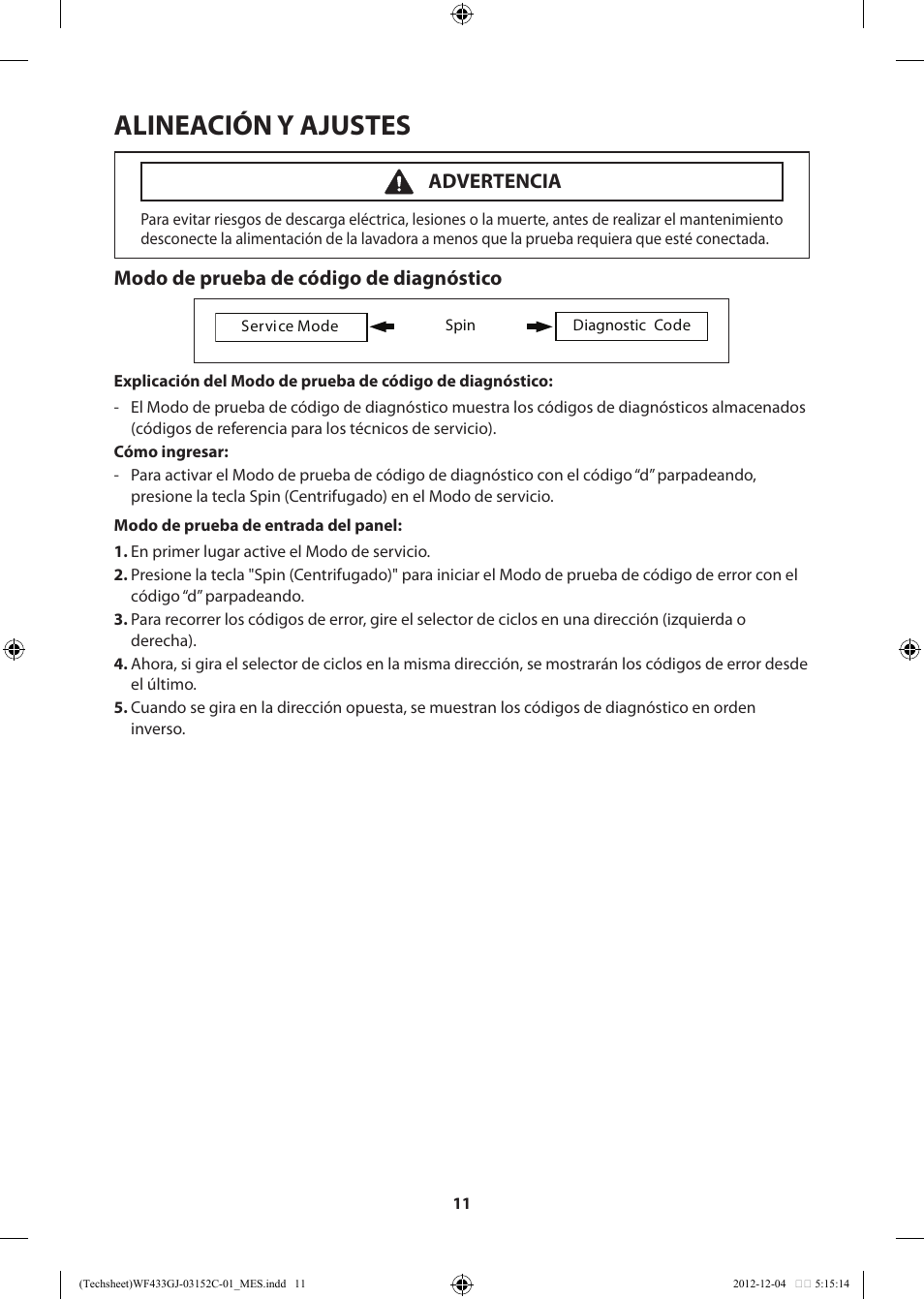 Alineación y ajustes, Modo de prueba de código de diagnóstico, Advertencia | Samsung WF433BTGJWR-A1 User Manual | Page 51 / 60