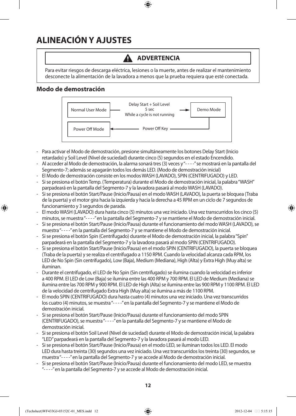 Alineación y ajustes, Modo de demostración, Advertencia | Samsung WF433BTGJWR-A1 User Manual | Page 52 / 60