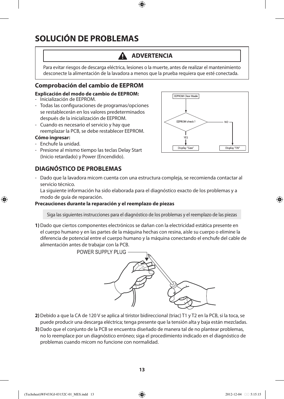 Solución de problemas, Comprobación del cambio de eeprom, Diagnóstico de problemas | Advertencia | Samsung WF433BTGJWR-A1 User Manual | Page 53 / 60