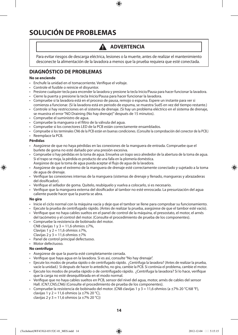 Solución de problemas, Diagnóstico de problemas, Advertencia | Samsung WF433BTGJWR-A1 User Manual | Page 54 / 60