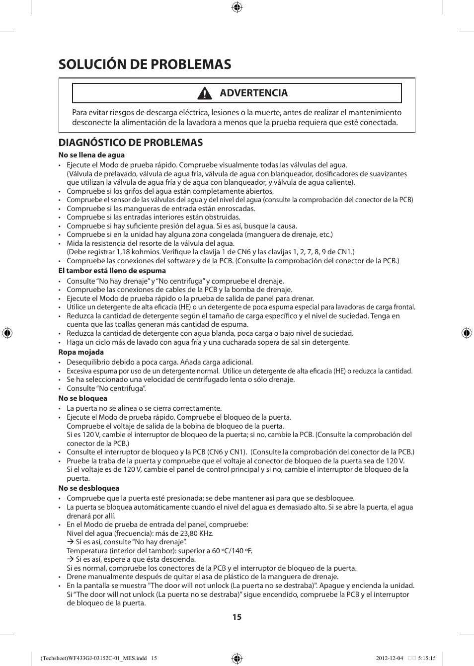 Solución de problemas, Diagnóstico de problemas, Advertencia | Samsung WF433BTGJWR-A1 User Manual | Page 55 / 60
