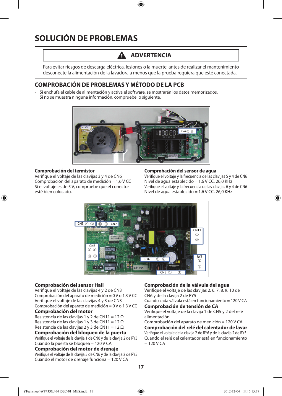 Solución de problemas, Comprobación de problemas y método de la pcb, Advertencia | Samsung WF433BTGJWR-A1 User Manual | Page 57 / 60