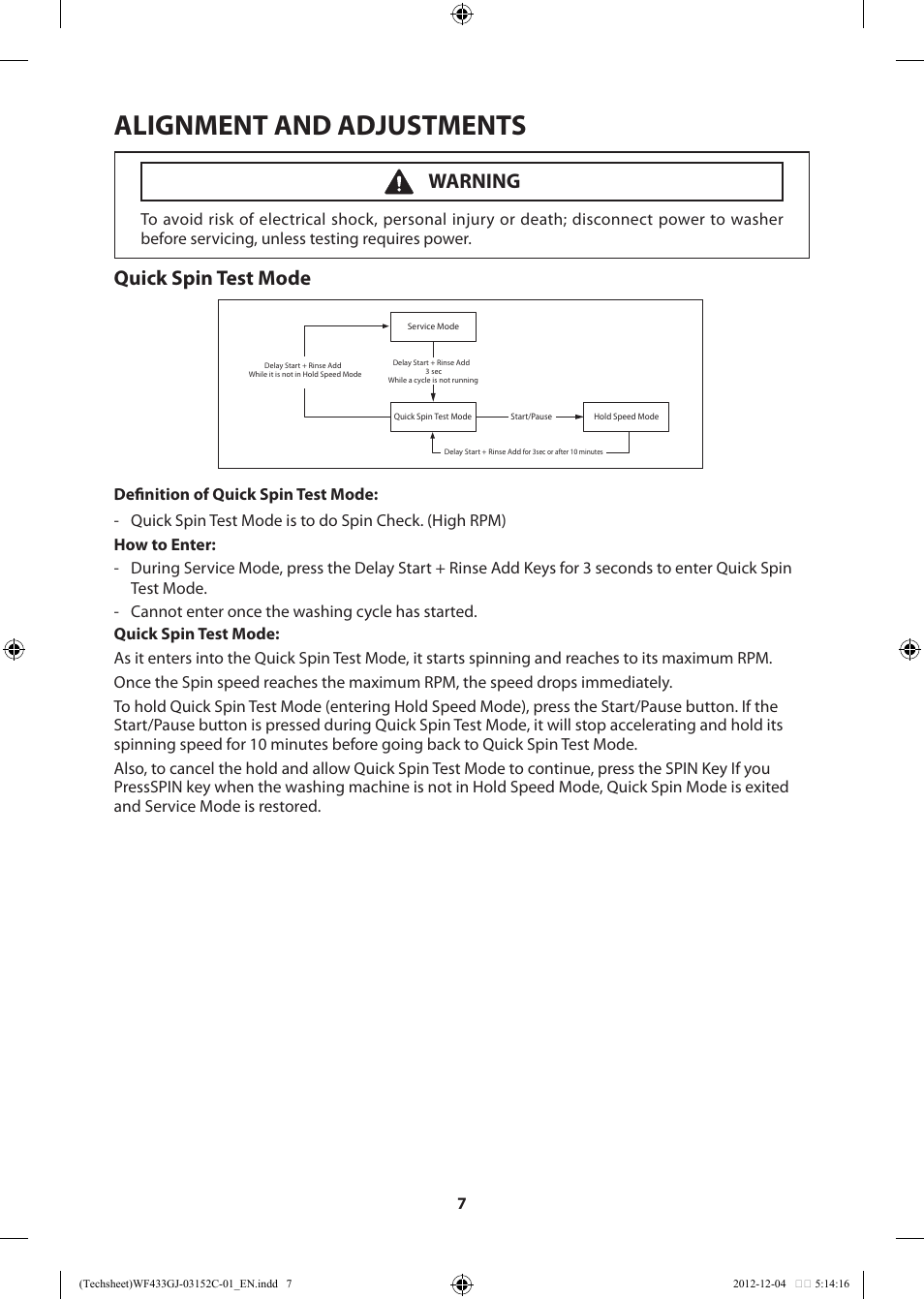 Alignment and adjustments, Quick spin test mode, Warning | Samsung WF433BTGJWR-A1 User Manual | Page 7 / 60