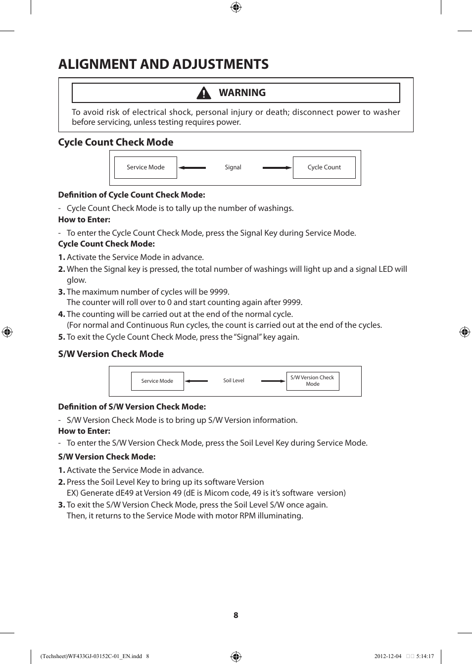 Alignment and adjustments, Cycle count check mode, Warning | Samsung WF433BTGJWR-A1 User Manual | Page 8 / 60