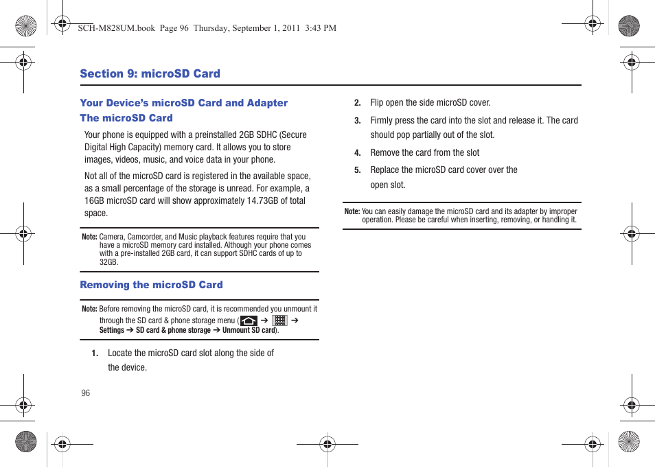 Section 9: microsd card, Your device’s microsd card and adapter, The microsd card | Removing the microsd card | Samsung SCH-M828CAATFN User Manual | Page 100 / 149