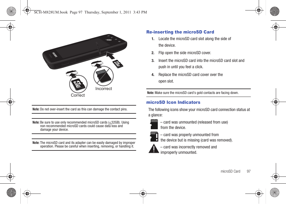 Re-inserting the microsd card, Microsd icon indicators | Samsung SCH-M828CAATFN User Manual | Page 101 / 149