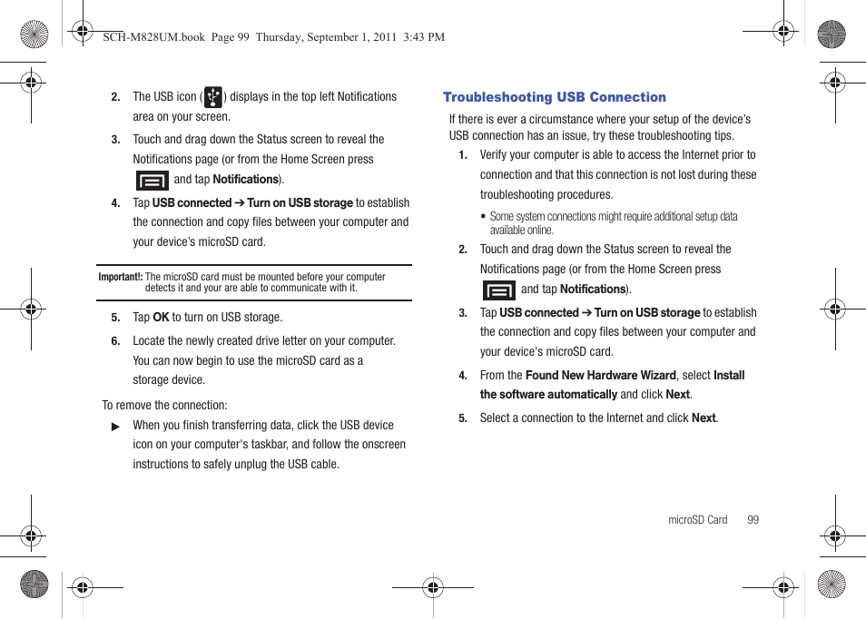 Troubleshooting usb connection | Samsung SCH-M828CAATFN User Manual | Page 103 / 149