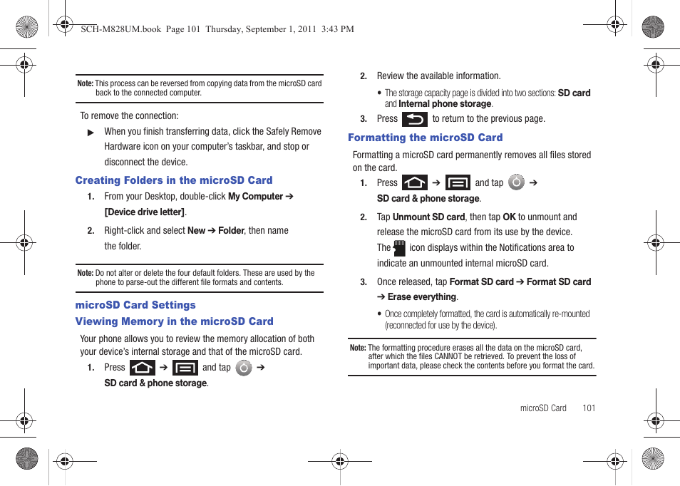 Creating folders in the microsd card, Microsd card settings, Viewing memory in the microsd card | Formatting the microsd card | Samsung SCH-M828CAATFN User Manual | Page 105 / 149