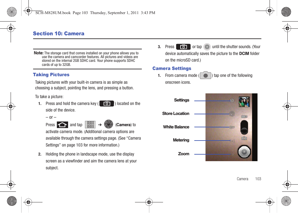 Section 10: camera, Taking pictures, Camera settings | Taking pictures camera settings | Samsung SCH-M828CAATFN User Manual | Page 107 / 149