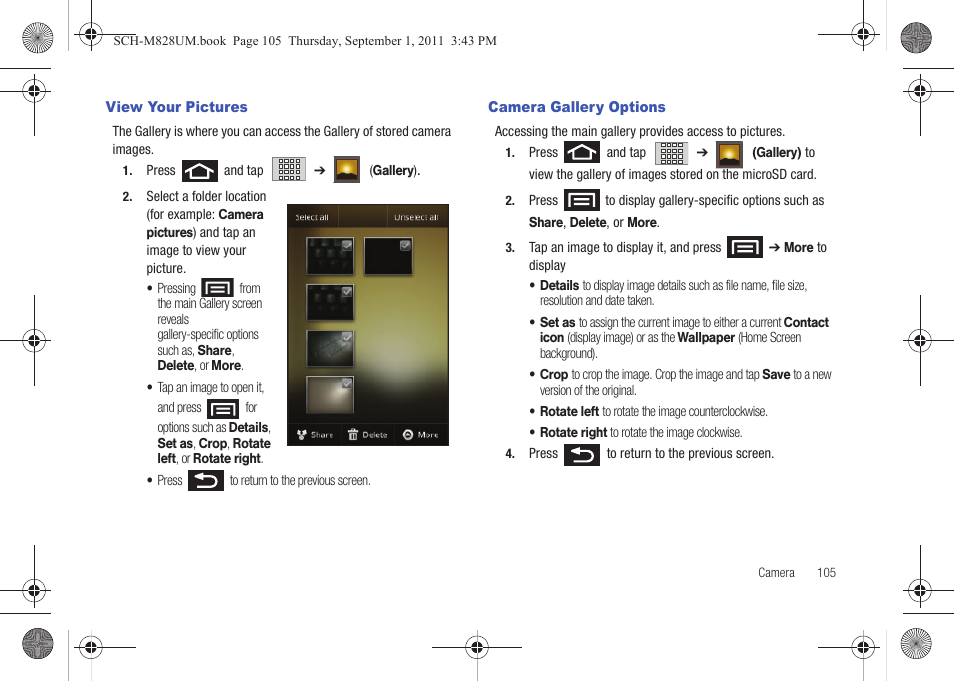 View your pictures, Camera gallery options, View your pictures camera gallery options | Samsung SCH-M828CAATFN User Manual | Page 109 / 149