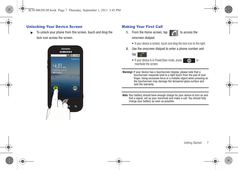 Unlocking your device screen, Making your first call | Samsung SCH-M828CAATFN User Manual | Page 11 / 149