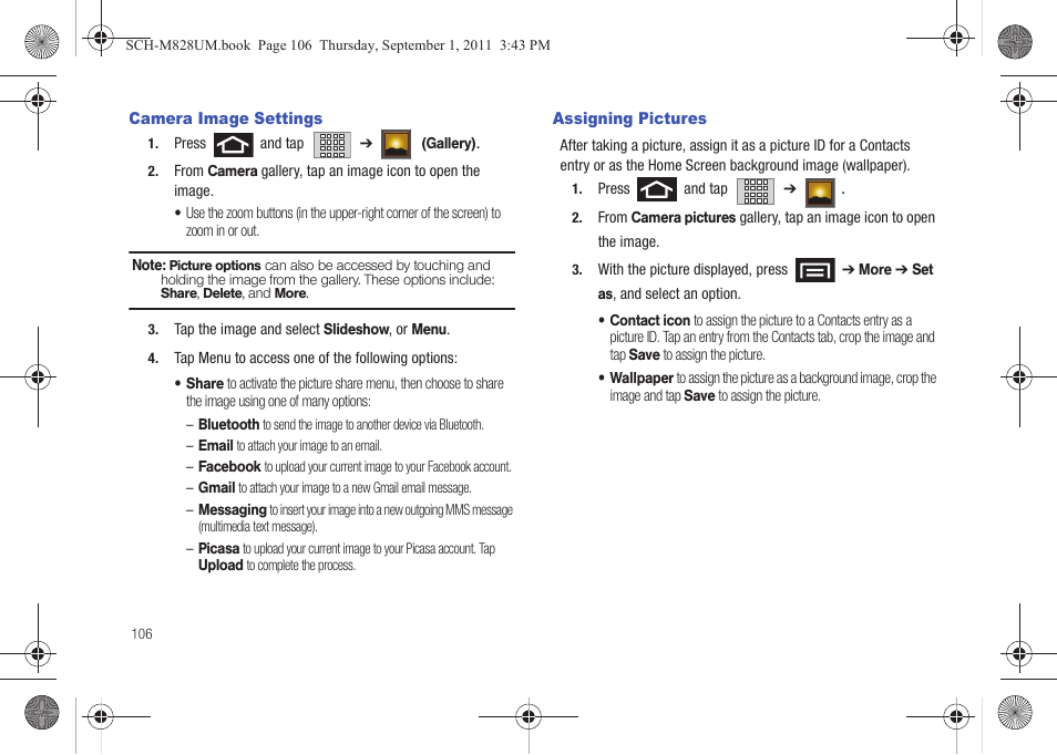 Camera image settings, Assigning pictures, Camera image settings assigning pictures | Samsung SCH-M828CAATFN User Manual | Page 110 / 149