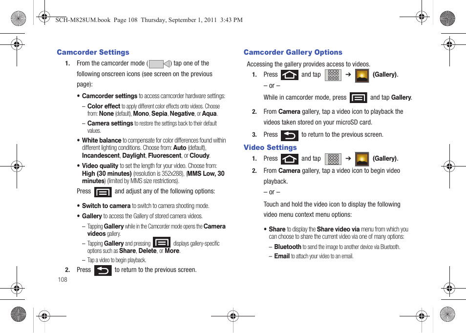 Camcorder settings, Camcorder gallery options, Video settings | Samsung SCH-M828CAATFN User Manual | Page 112 / 149