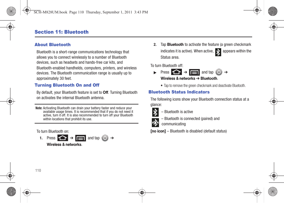 Section 11: bluetooth, About bluetooth, Turning bluetooth on and off | Bluetooth status indicators, E. see “turning bluetooth on and off | Samsung SCH-M828CAATFN User Manual | Page 114 / 149