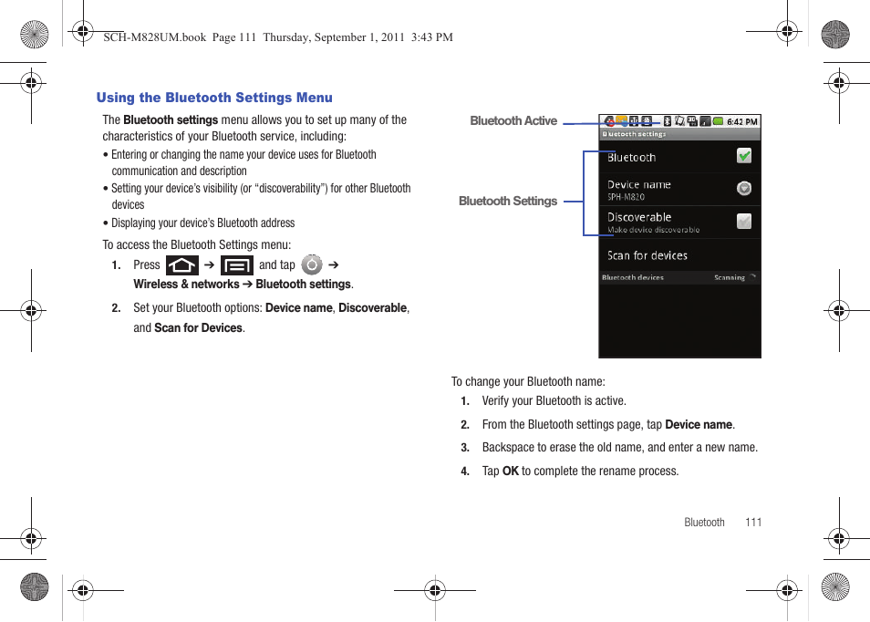 Using the bluetooth settings menu | Samsung SCH-M828CAATFN User Manual | Page 115 / 149