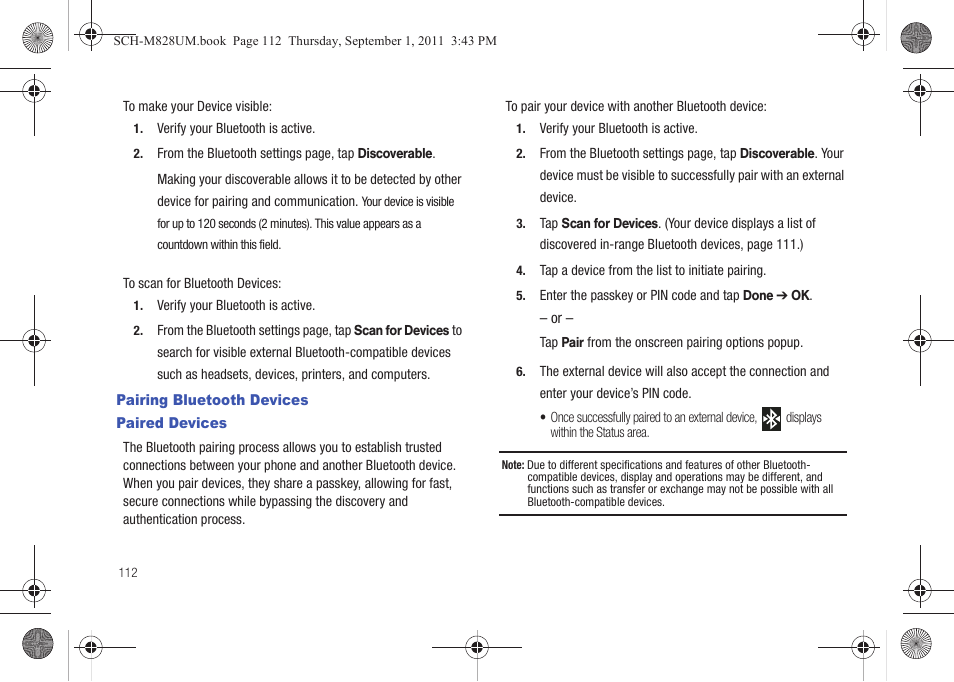 Pairing bluetooth devices, Paired devices, Pairing bluetooth devices paired devices | Samsung SCH-M828CAATFN User Manual | Page 116 / 149