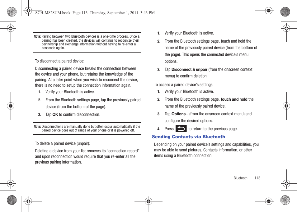 Sending contacts via bluetooth | Samsung SCH-M828CAATFN User Manual | Page 117 / 149