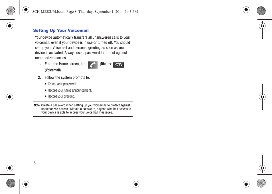 Setting up your voicemail | Samsung SCH-M828CAATFN User Manual | Page 12 / 149