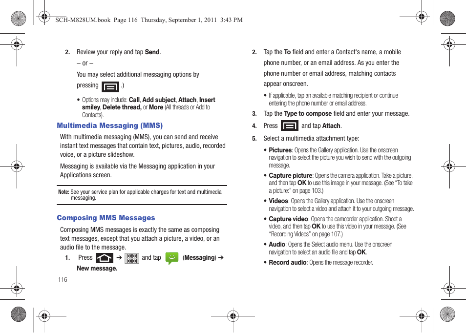 Multimedia messaging (mms), Composing mms messages, Multimedia messaging (mms) composing mms messages | Samsung SCH-M828CAATFN User Manual | Page 120 / 149