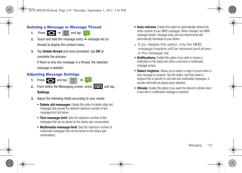 Deleting a message or message thread, Adjusting message settings | Samsung SCH-M828CAATFN User Manual | Page 123 / 149