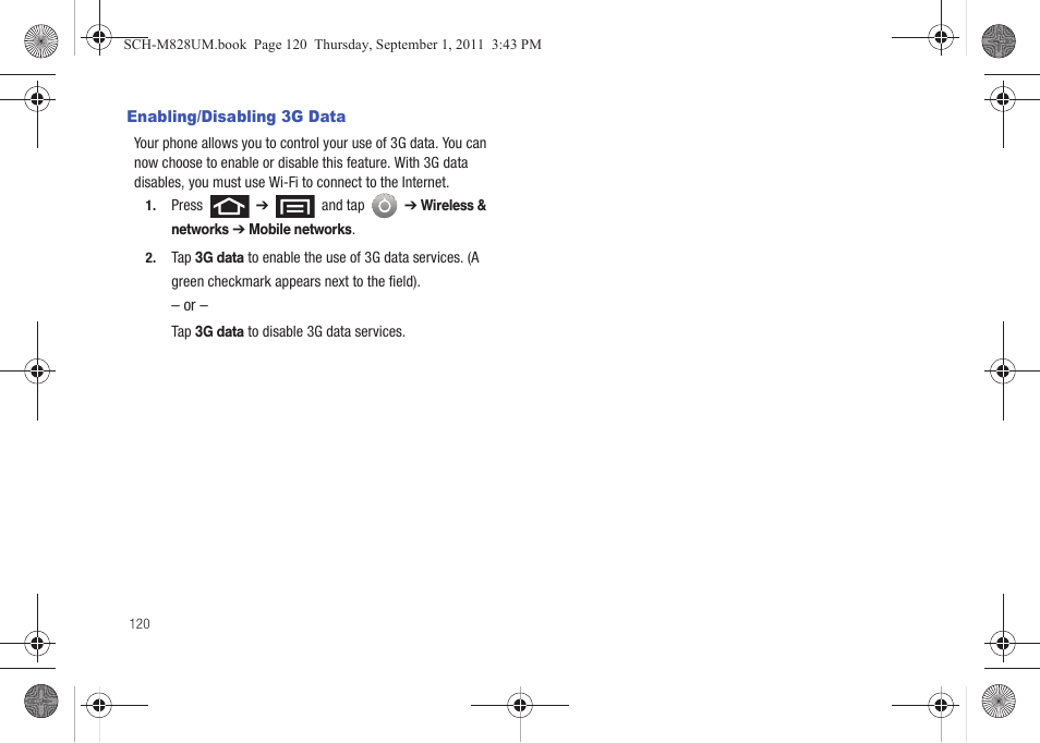 Enabling/disabling 3g data | Samsung SCH-M828CAATFN User Manual | Page 124 / 149