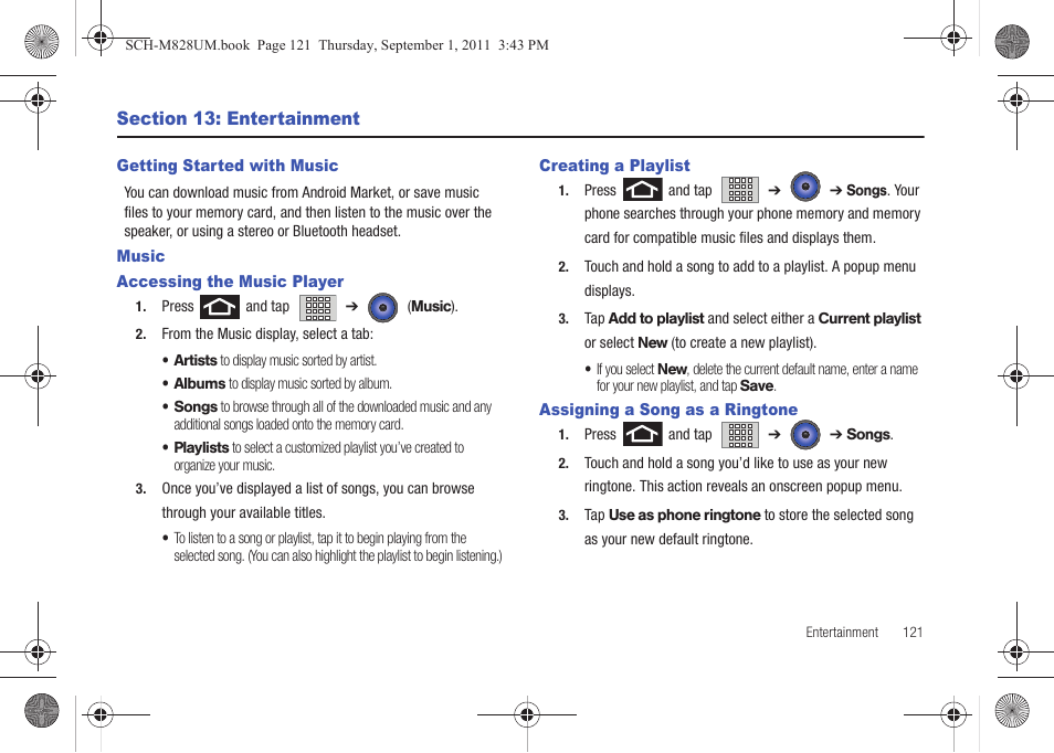 Section 13: entertainment, Getting started with music, Music | Accessing the music player, Creating a playlist, Assigning a song as a ringtone | Samsung SCH-M828CAATFN User Manual | Page 125 / 149