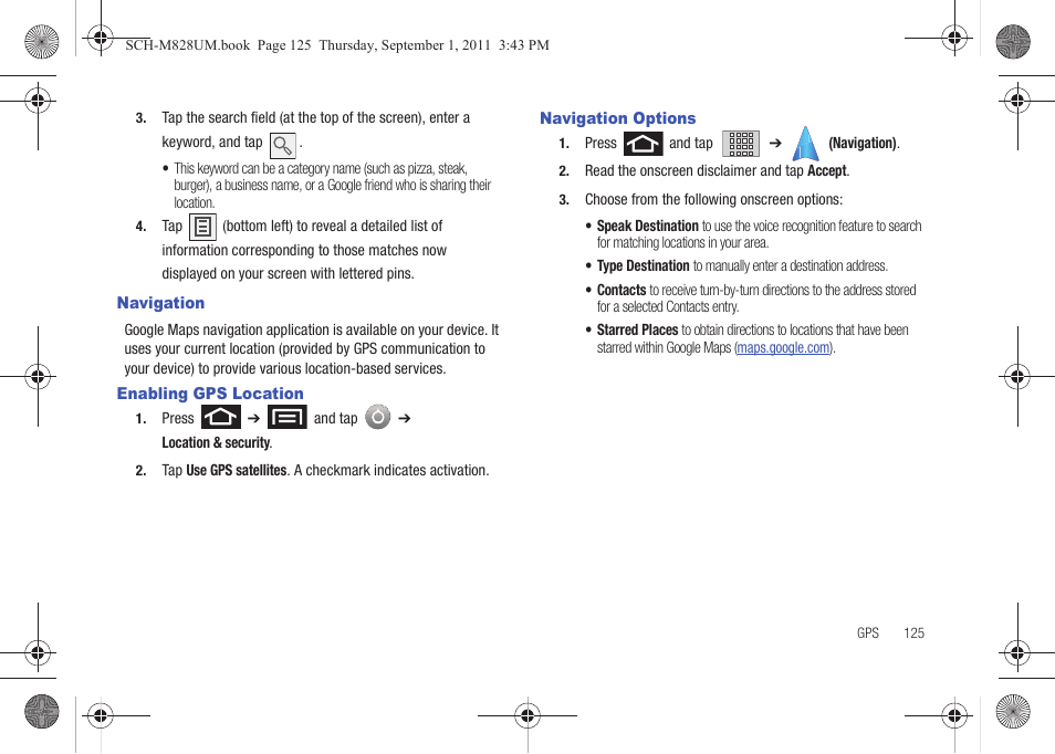Navigation, Enabling gps location, Navigation options | Samsung SCH-M828CAATFN User Manual | Page 129 / 149