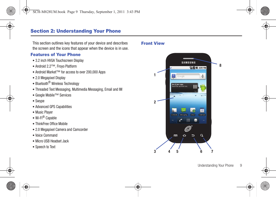 Section 2: understanding your phone, Features of your phone, Front view | Features of your phone front view | Samsung SCH-M828CAATFN User Manual | Page 13 / 149