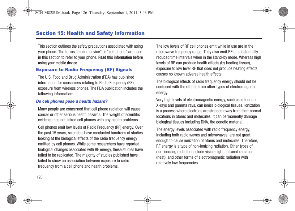 Section 15: health and safety information, Exposure to radio frequency (rf) signals | Samsung SCH-M828CAATFN User Manual | Page 130 / 149