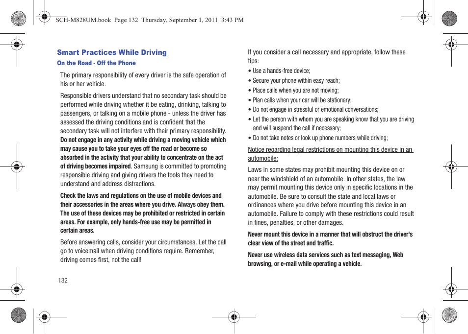 Smart practices while driving | Samsung SCH-M828CAATFN User Manual | Page 136 / 149