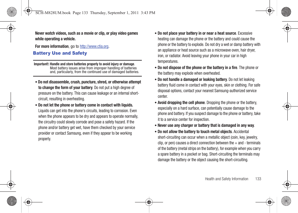 Battery use and safety | Samsung SCH-M828CAATFN User Manual | Page 137 / 149