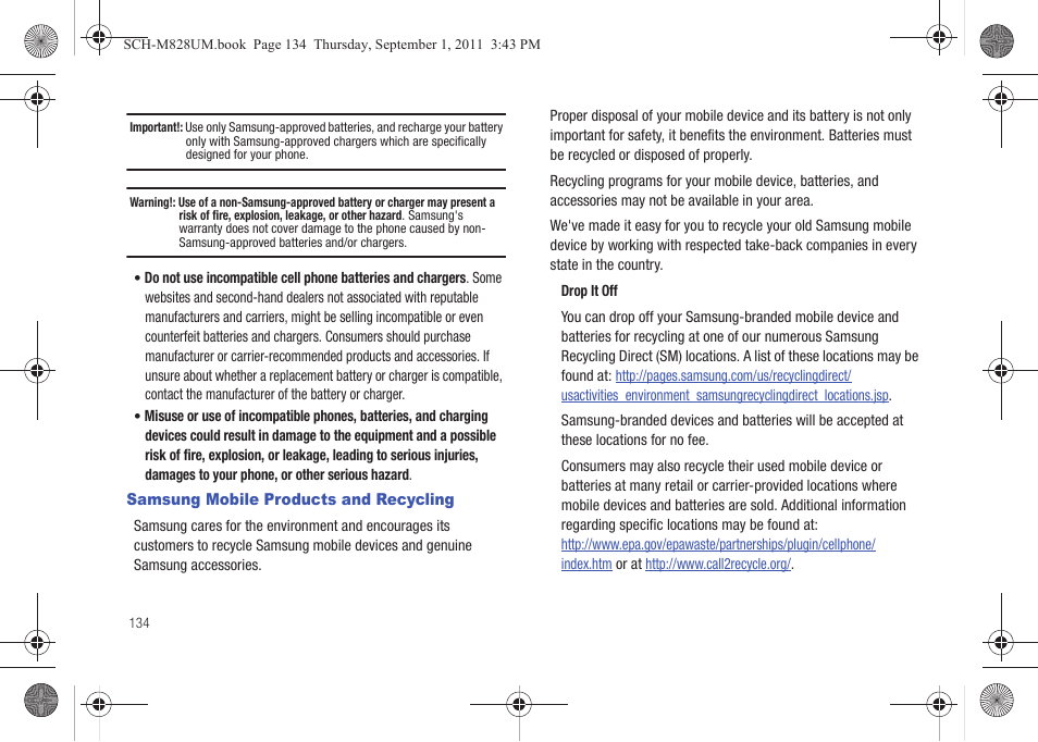 Samsung mobile products and recycling | Samsung SCH-M828CAATFN User Manual | Page 138 / 149
