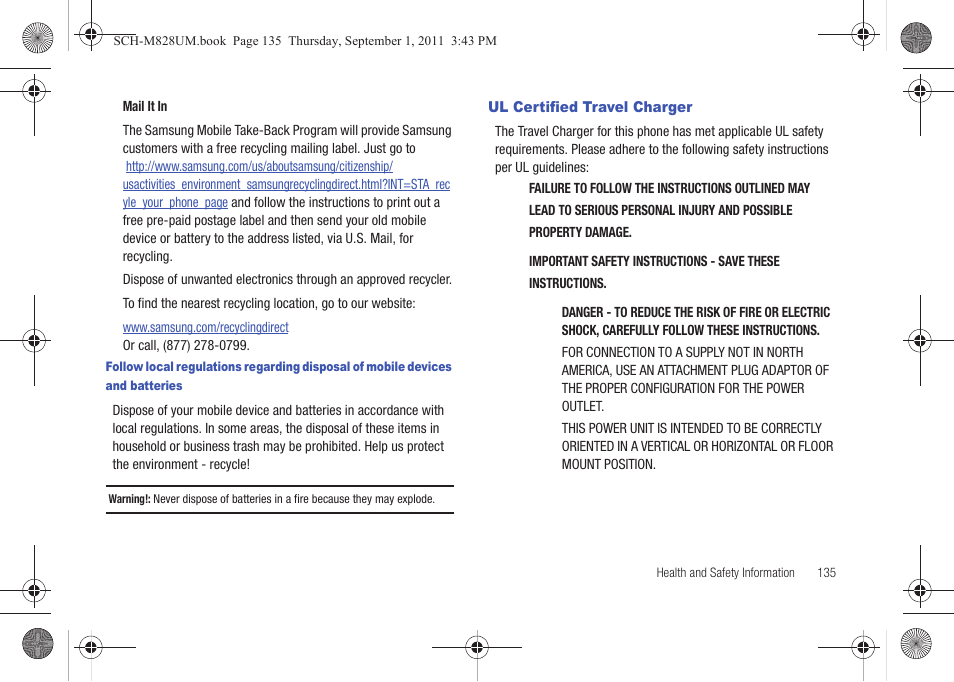 Ul certified travel charger | Samsung SCH-M828CAATFN User Manual | Page 139 / 149