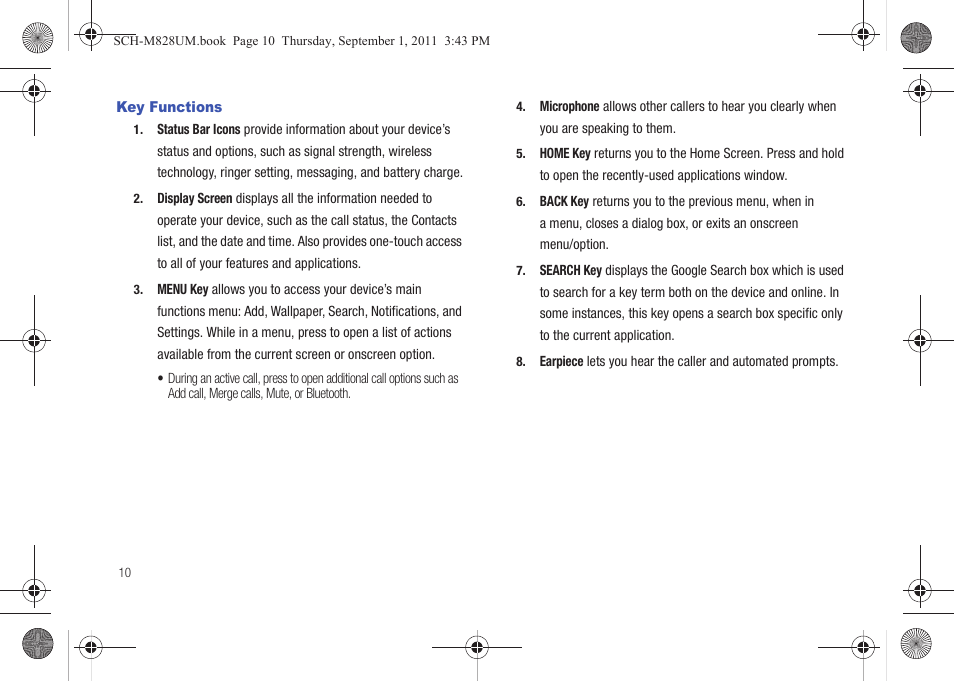 Key functions | Samsung SCH-M828CAATFN User Manual | Page 14 / 149