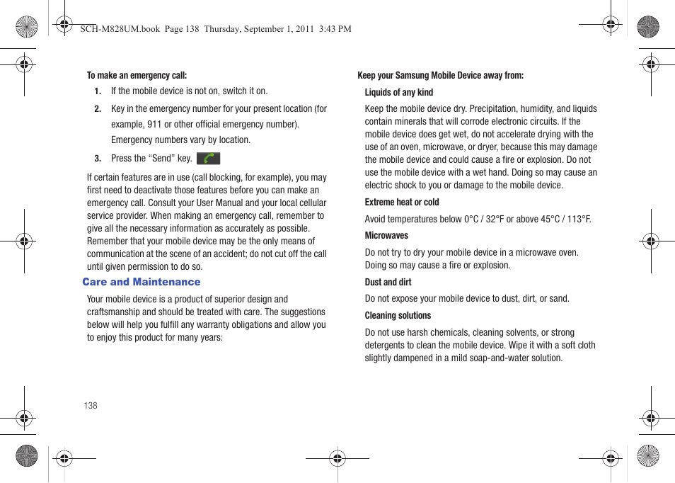 Care and maintenance | Samsung SCH-M828CAATFN User Manual | Page 142 / 149