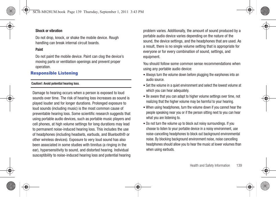 Responsible listening | Samsung SCH-M828CAATFN User Manual | Page 143 / 149