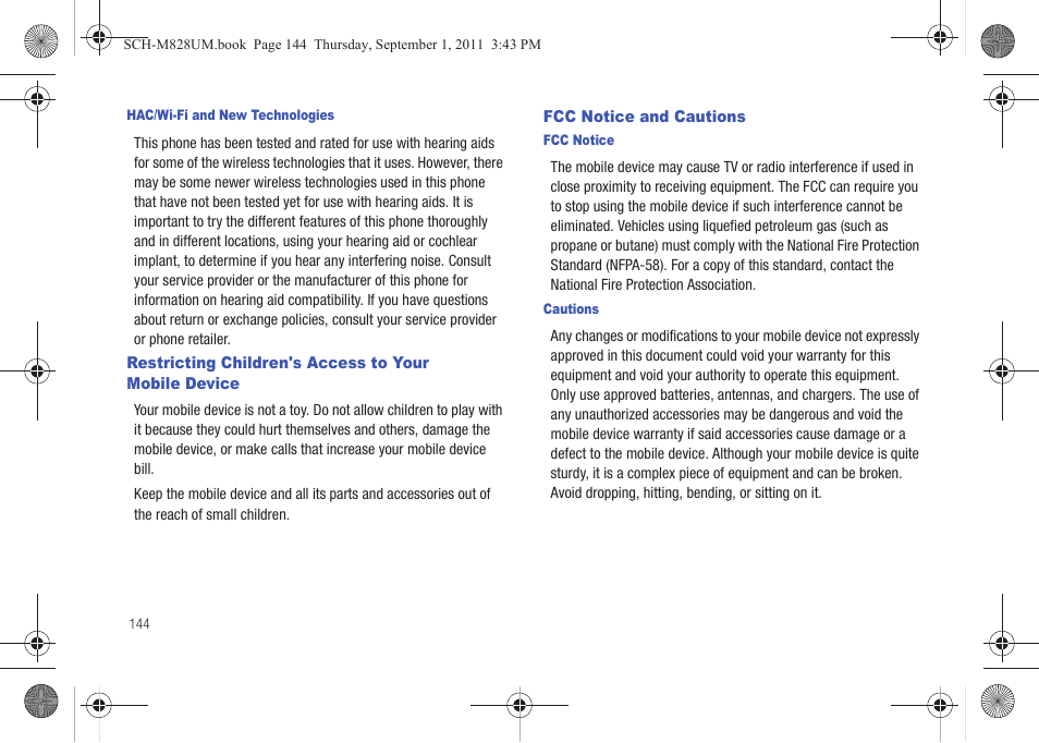 Fcc notice and cautions, Restricting children's access to your, Mobile device | Samsung SCH-M828CAATFN User Manual | Page 148 / 149
