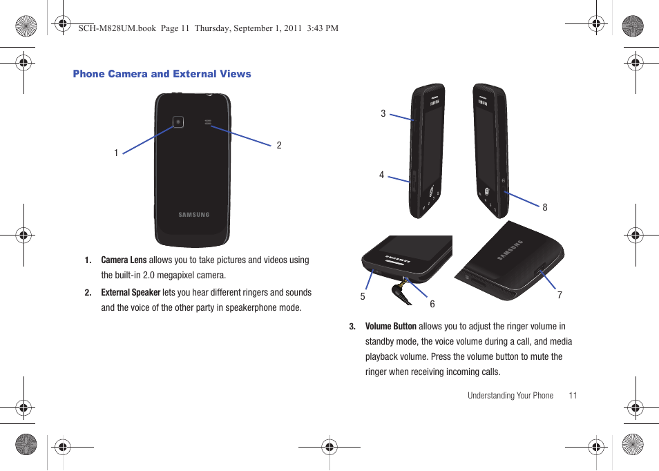 Phone camera and external views | Samsung SCH-M828CAATFN User Manual | Page 15 / 149