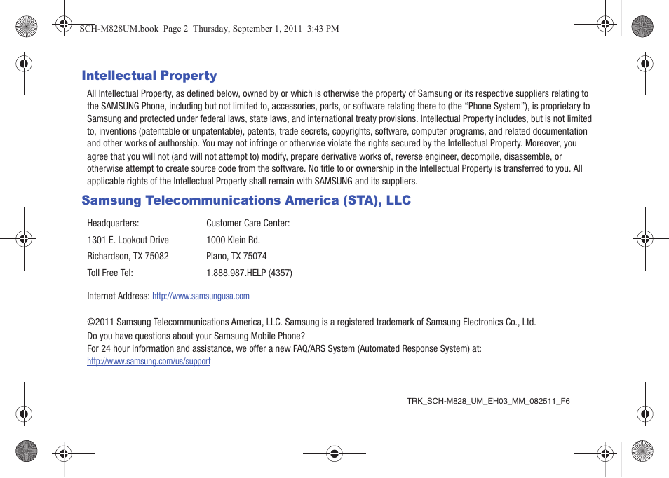 Intellectual property, Samsung telecommunications america (sta), llc | Samsung SCH-M828CAATFN User Manual | Page 2 / 149
