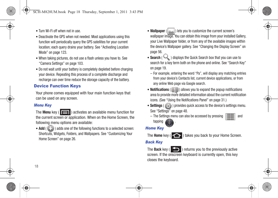 Device function keys | Samsung SCH-M828CAATFN User Manual | Page 22 / 149