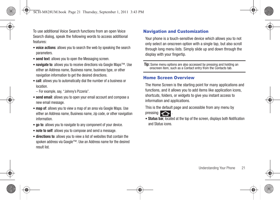 Navigation and customization, Home screen overview, Navigation and customization home screen overview | Samsung SCH-M828CAATFN User Manual | Page 25 / 149