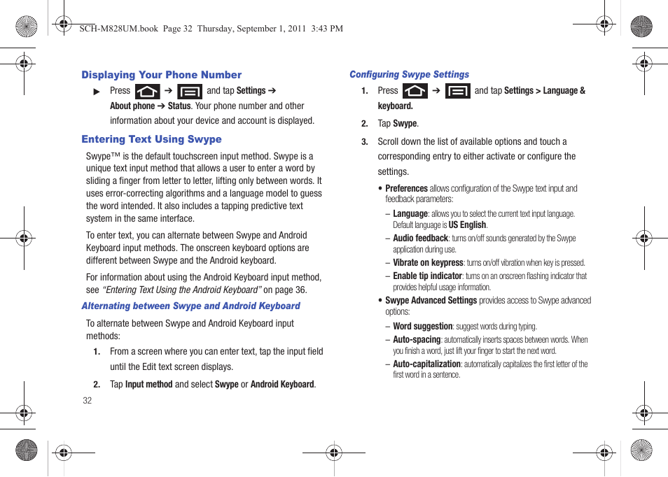 Displaying your phone number, Entering text using swype | Samsung SCH-M828CAATFN User Manual | Page 36 / 149