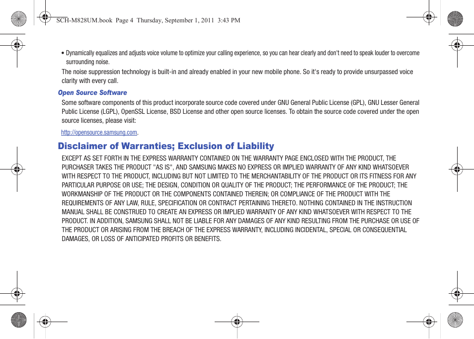 Disclaimer of warranties; exclusion of liability | Samsung SCH-M828CAATFN User Manual | Page 4 / 149