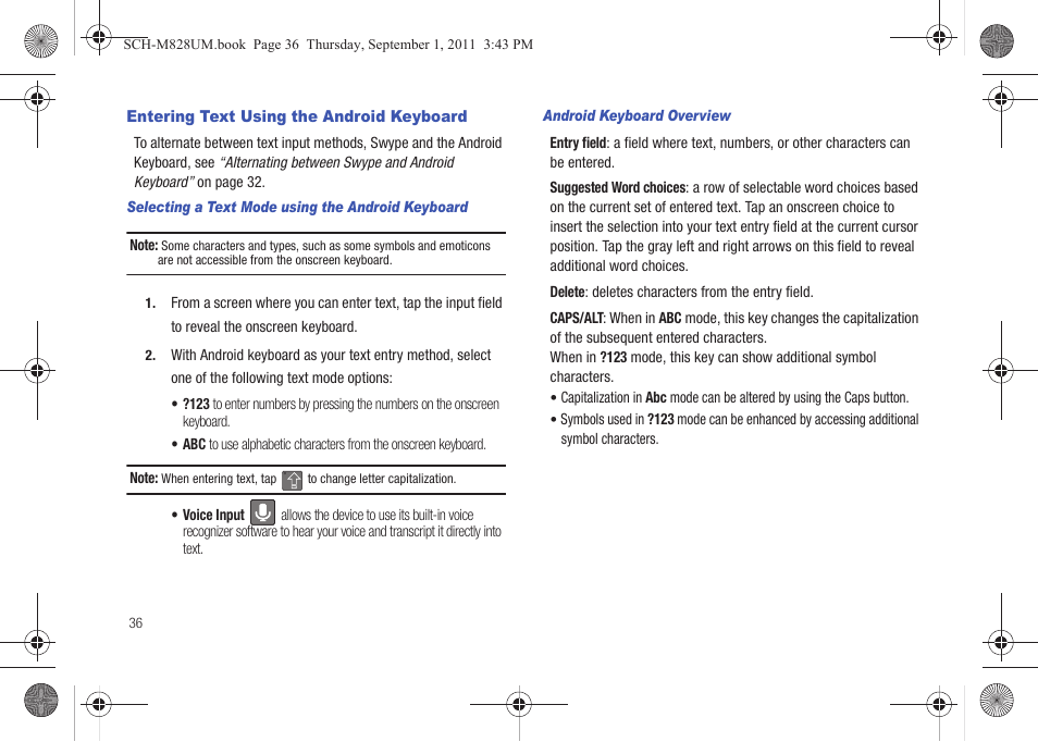 Entering text using the android keyboard | Samsung SCH-M828CAATFN User Manual | Page 40 / 149