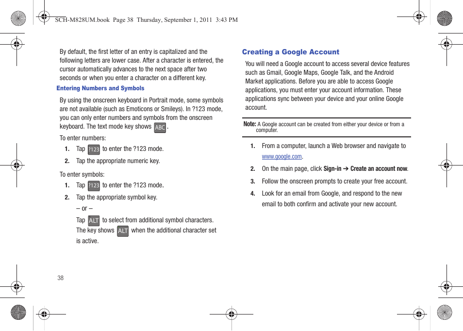 Creating a google account | Samsung SCH-M828CAATFN User Manual | Page 42 / 149