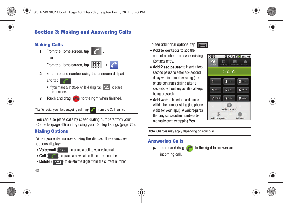 Section 3: making and answering calls, Making calls, Dialing options | Answering calls, Making calls dialing options answering calls | Samsung SCH-M828CAATFN User Manual | Page 44 / 149