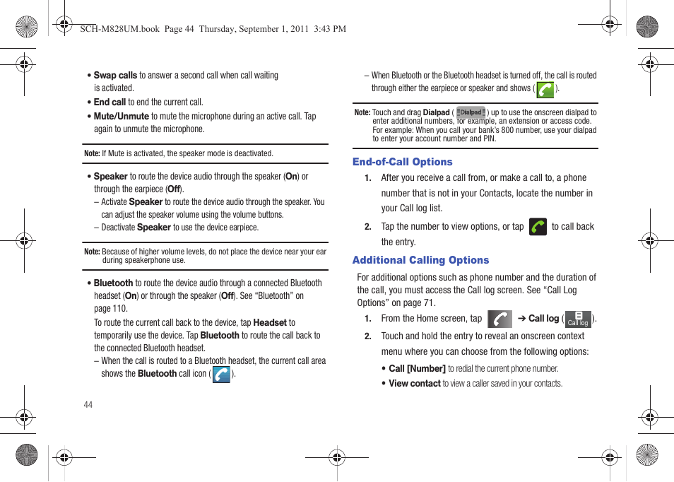 End-of-call options, Additional calling options, End-of-call options additional calling options | Samsung SCH-M828CAATFN User Manual | Page 48 / 149