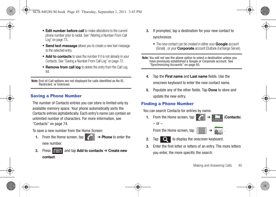 Saving a phone number, Finding a phone number, Saving a phone number finding a phone number | Samsung SCH-M828CAATFN User Manual | Page 49 / 149