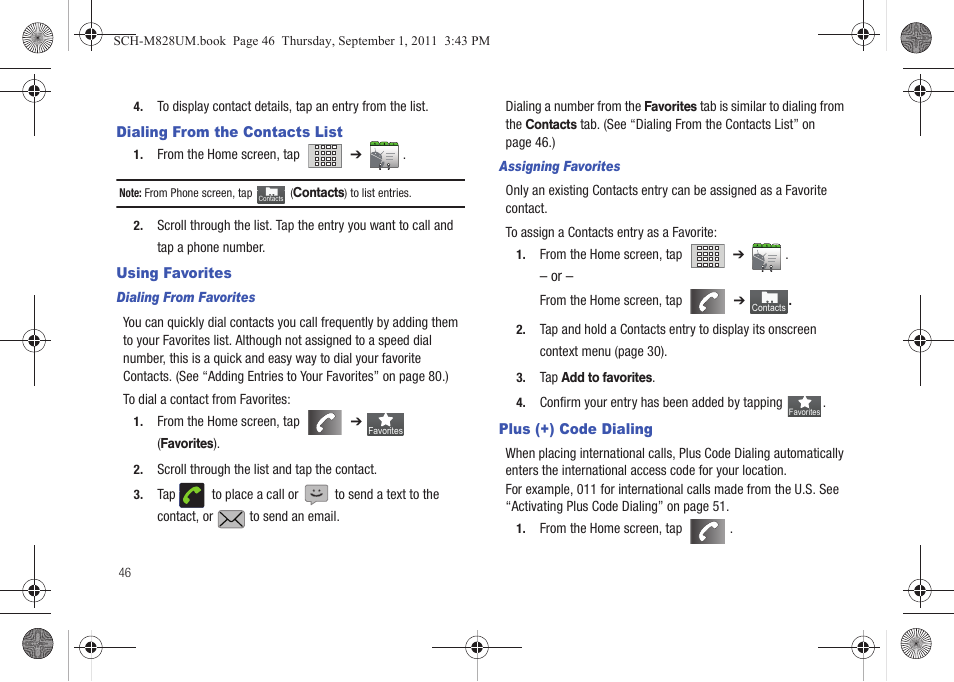 Dialing from the contacts list, Using favorites, Plus (+) code dialing | Samsung SCH-M828CAATFN User Manual | Page 50 / 149